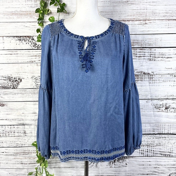 Southern Tide Blouse Tunic size Small Denim Jean Tencel Peasant Boho Tassels - Picture 1 of 16
